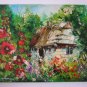 Cottage Mallows Garden Original Oil Painting Landscape Flowers Tree Impasto Art Malva