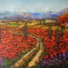 Tuscany Original Oil Painting Landscape Red Poppies Lavender Cypress Trees Palette Knife Art