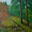 Landscape Original Oil Painting Forest Mountain Path Meadow Grass Autumn Trees