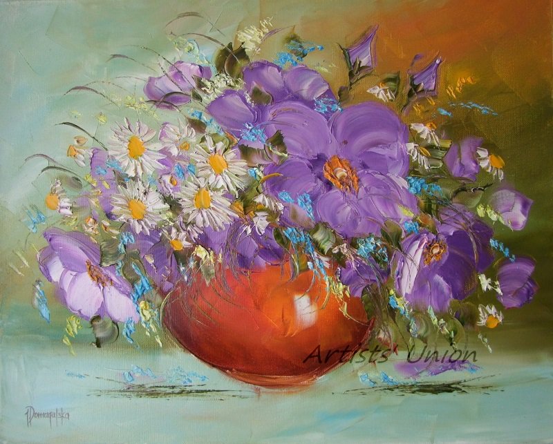 Still Life Purple Flowers Original Oil Painting Palette Knife Impasto White Daisies Fine Art