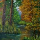 Autumn Forest Original Oil Painting Landscape Fall River Trees Palette Knife Fine Art Leaves