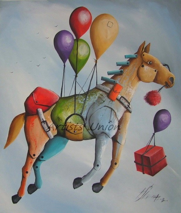 Flying Horse Modern Art Original Oil Painting Surrealist Cubist Contemporary Fine Art Baloons