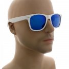 WHITE FRAME BLUE FLASH MIRROR LENS HORN RIMMED SUNGLASSES