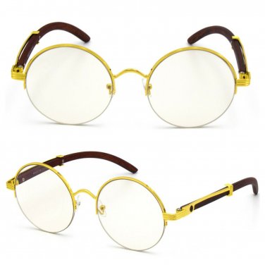 Men's CLASSY SOPHISTICATED Clear Lens EYE GLASSES Round Gold & Wood Wooden Frame