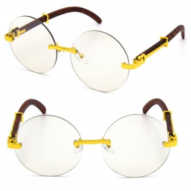 Men's Vintage Retro Style Round Clear Lens EYE GLASSES Rimless Gold & Wood Frame