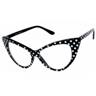 VINTAGE RETRO CAT EYE Style Clear Lens EYE GLASSES Black & White Polka Dot Frame