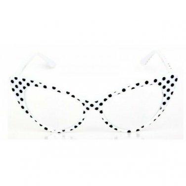 VINTAGE RETRO CAT EYE Style Clear Lens EYE GLASSES White & Black Polka Dot Frame