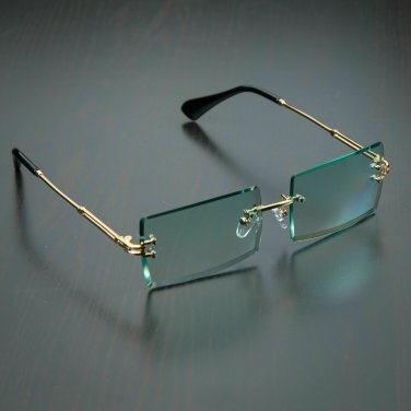 Green Tint Vintage Gold Frame Rimless Shades Retro Rectangular Mens Sunglasses