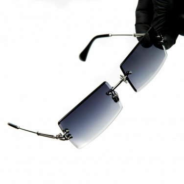 Rimless Dark Gray Tint Rectangle Silver Frame Retro Shades Mens Sunglasses