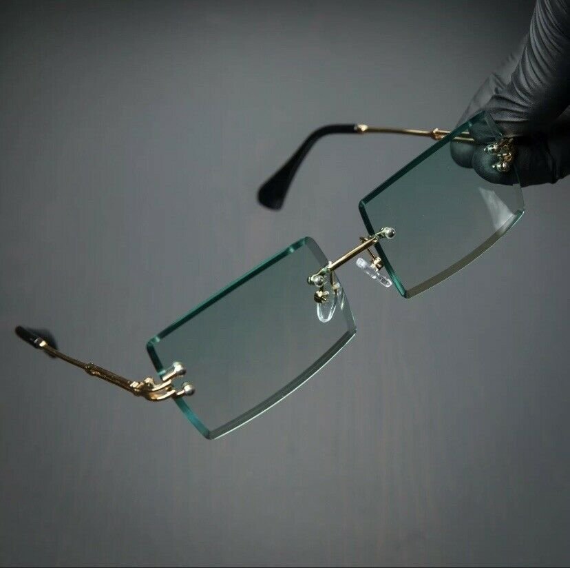 Rimless Rectangle Gold Frame Turquoise Gradient Tint Mens Summer Sunglasses