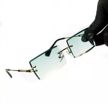 Mens Rimless Retro Rectangle Gold Frame Blue Turquoise Gradient Tint Sunglasses