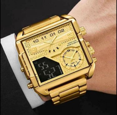 BOAMIGO Big Square Dial Chronograph Stainless Steel Watch for Men