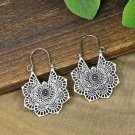Antique Silver Mandala Flower Hoop Earrings