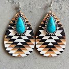 Beautiful Aztec Wood Black Brown and White with Turquoise Stone Earrings