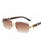 Men's Woodgrain Brown Tint Retro Rimless Vintage Gold Frame Hip Hop Sunglasses