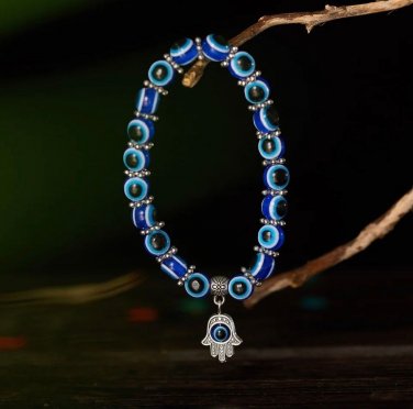 Blue Evil Eye Bracelet Hand of Fatima Turkey Thousand Eyes Wish Handmade Women's