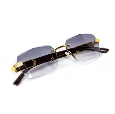 Purple Gray Tint Retro Rimless Men's Gold Frame Woodgrain Hip Hop Sunglasses