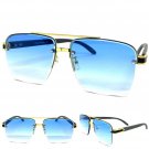 Men's CLASSY Elegant Sophisticated SUN GLASSES Gold Faux Wooden Frame Blue Lens