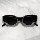 Unisex Retro Black Rectangle Sunglasses with Silver Horn Metal Accents – 141mm