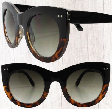 Oversized Retro Stylish Womens Round Cat Eye Sunglasses Black & Tortoise Frame