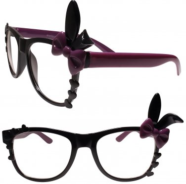 Bunny Ears Fun Party Colorful Cute Heart Accent Black Purple Clear Lens Glasses
