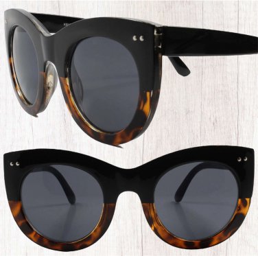 Oversized Classic Stylish Womens Round Cat Eye Sunglasses Black & Tortoise Frame