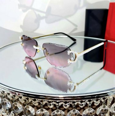 Luxury Rimless Round Cut Sunglasses Pink Lens Gold Frame with High-Quality