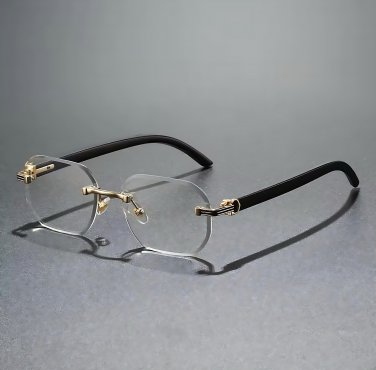 Rimless Square Sunglasses Gold Metal Frame Black Temples Lightweight Unisex