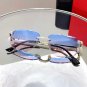 Luxury Rimless Round Cut Sunglasses Blue Pink Gradient Lens Gold Frame Diamond