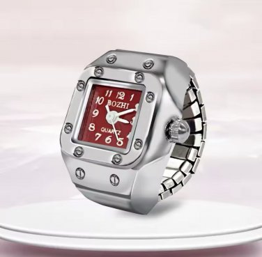 Women Men Ring Watch Square Dial Stainless Steel Stretch Band Quartz