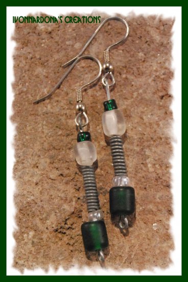 Twisted Metal and Green Earrings