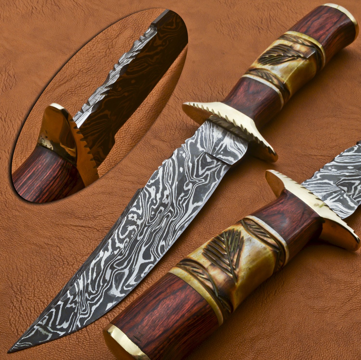 HAND MADE DAMASCUS HUNTING KNIFE ENGRAVED STAINED CAMEL BRASS GUARD