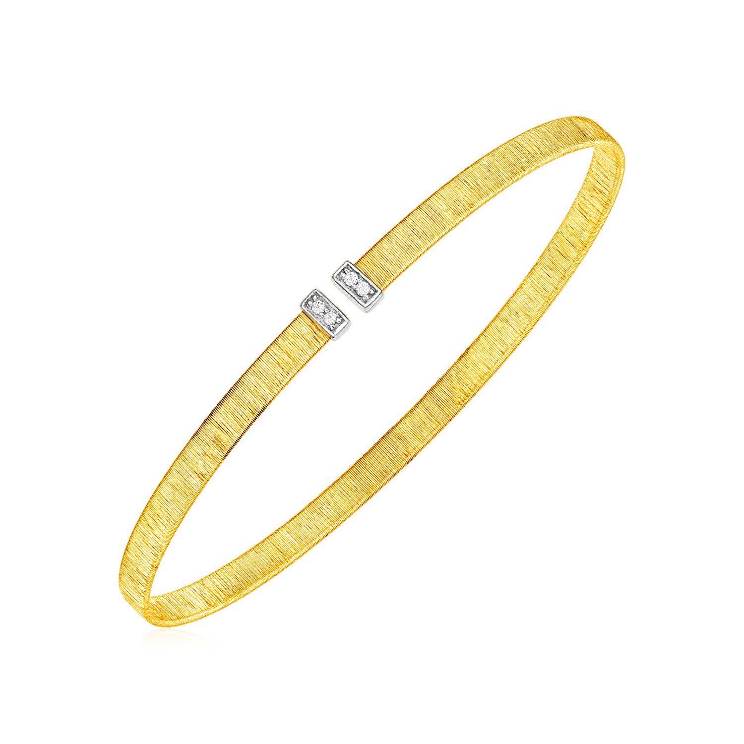 14k Yellow Gold Narrow Silk Textured Cuff Bangle with Diamonds