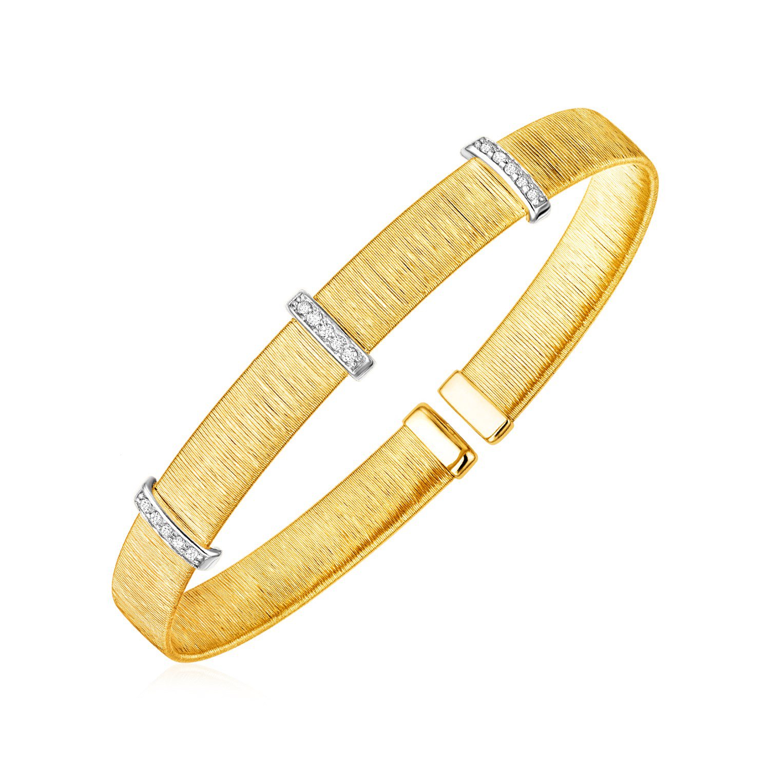 14k Two Tone Gold Silk Textured Cuff Bangle with Diamonds
