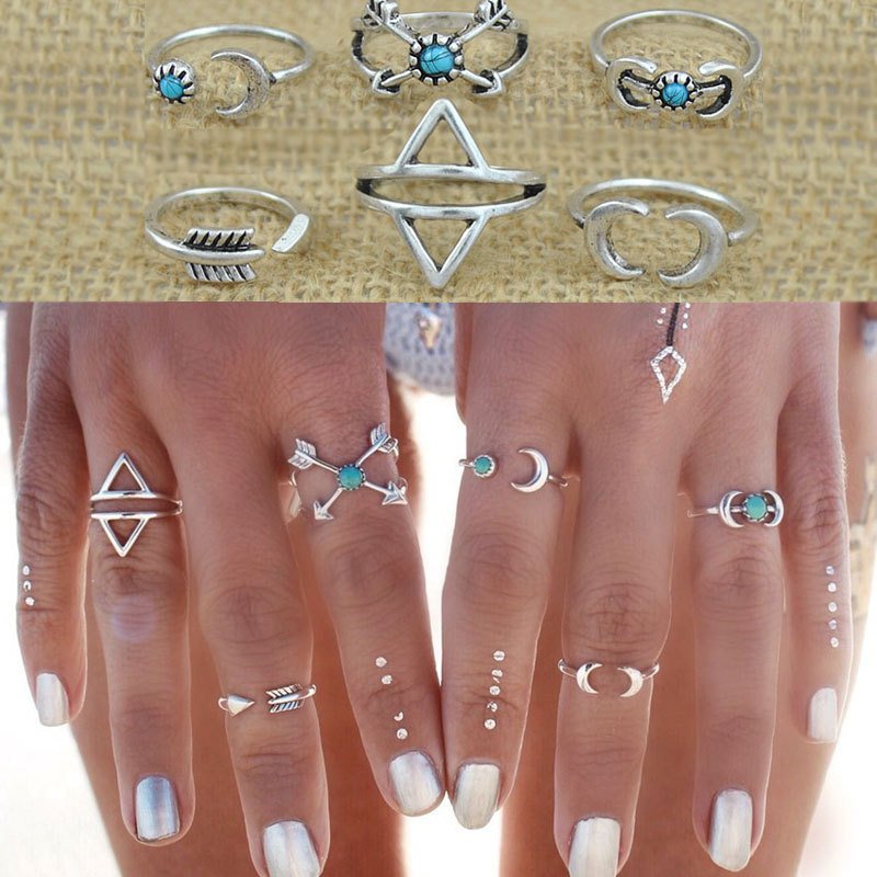 Vintage Punk Boho Unique Carving Tibetan Silver Plated knuckle Joint Ring Set 6PCS/Set