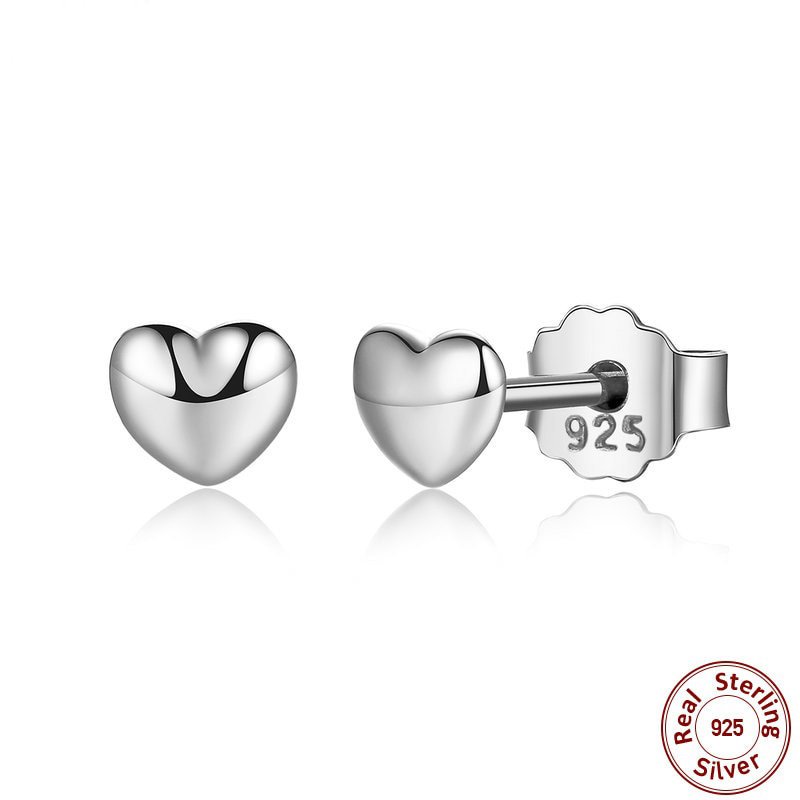 100% 925 Sterling Silver Petite Plain Hearts Stud Earrings for Women Silver Small Earrings