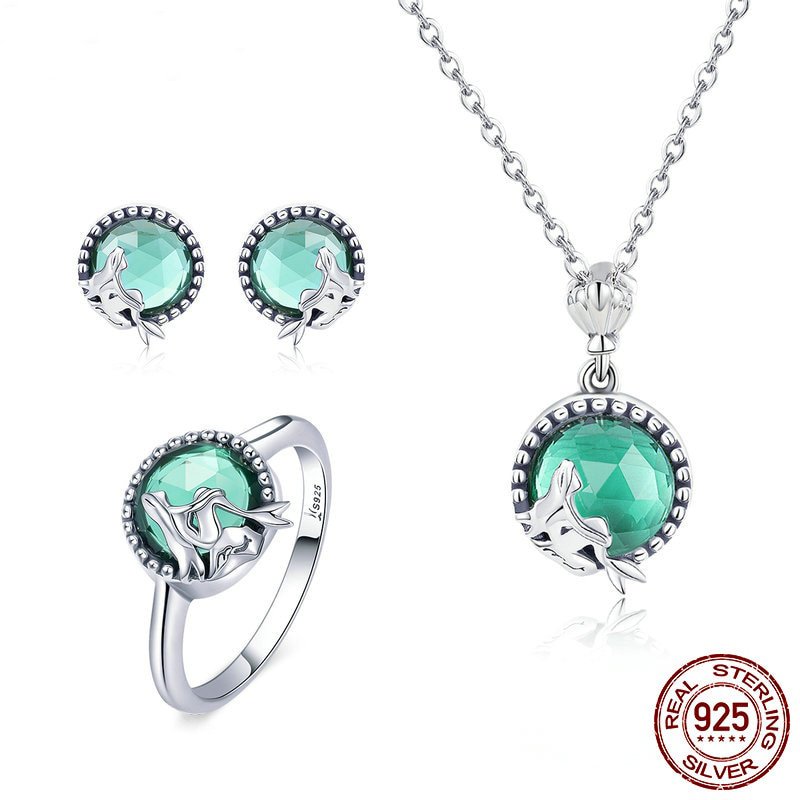 Authentic 925 Sterling Silver Mermaid' Missing Fairy Tale Earrings Ring Jewelry Set