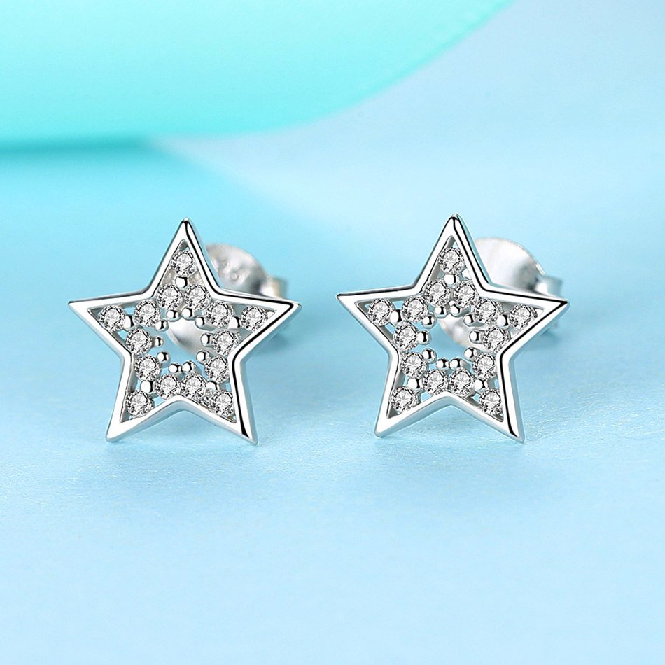New 925 Sterling Silver Star Earrings for Women CZ Crystal Earrings Stud