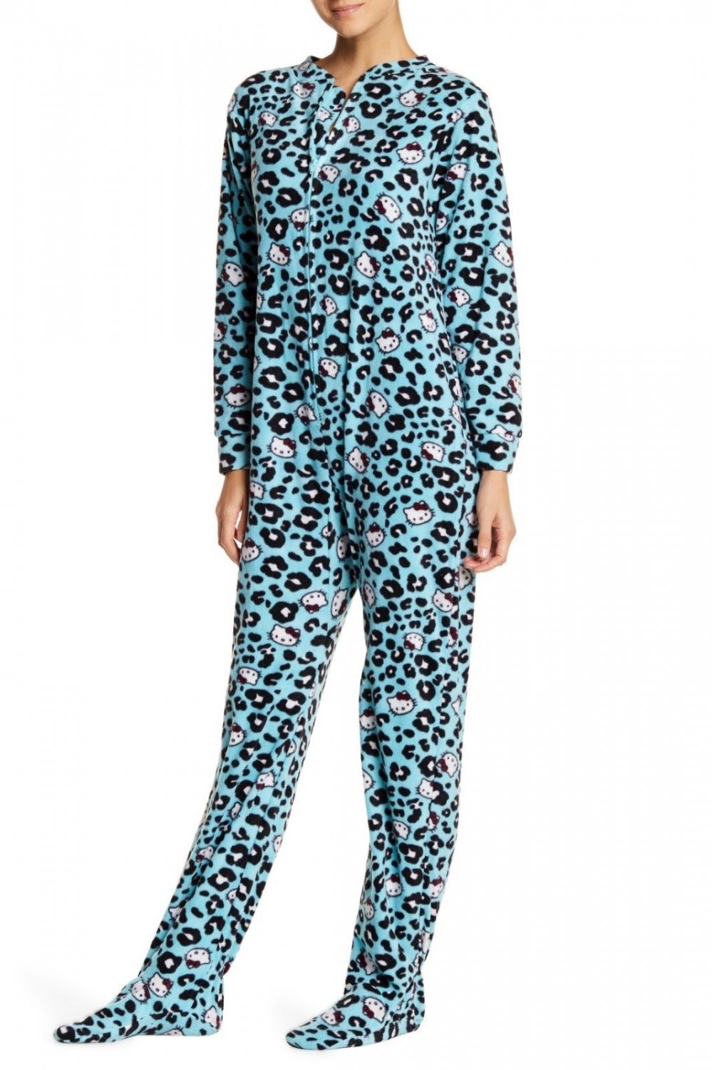 NEW Hello Kitty XL One Piece Footed Pajama Blue Aqua Cheetah Animal Print