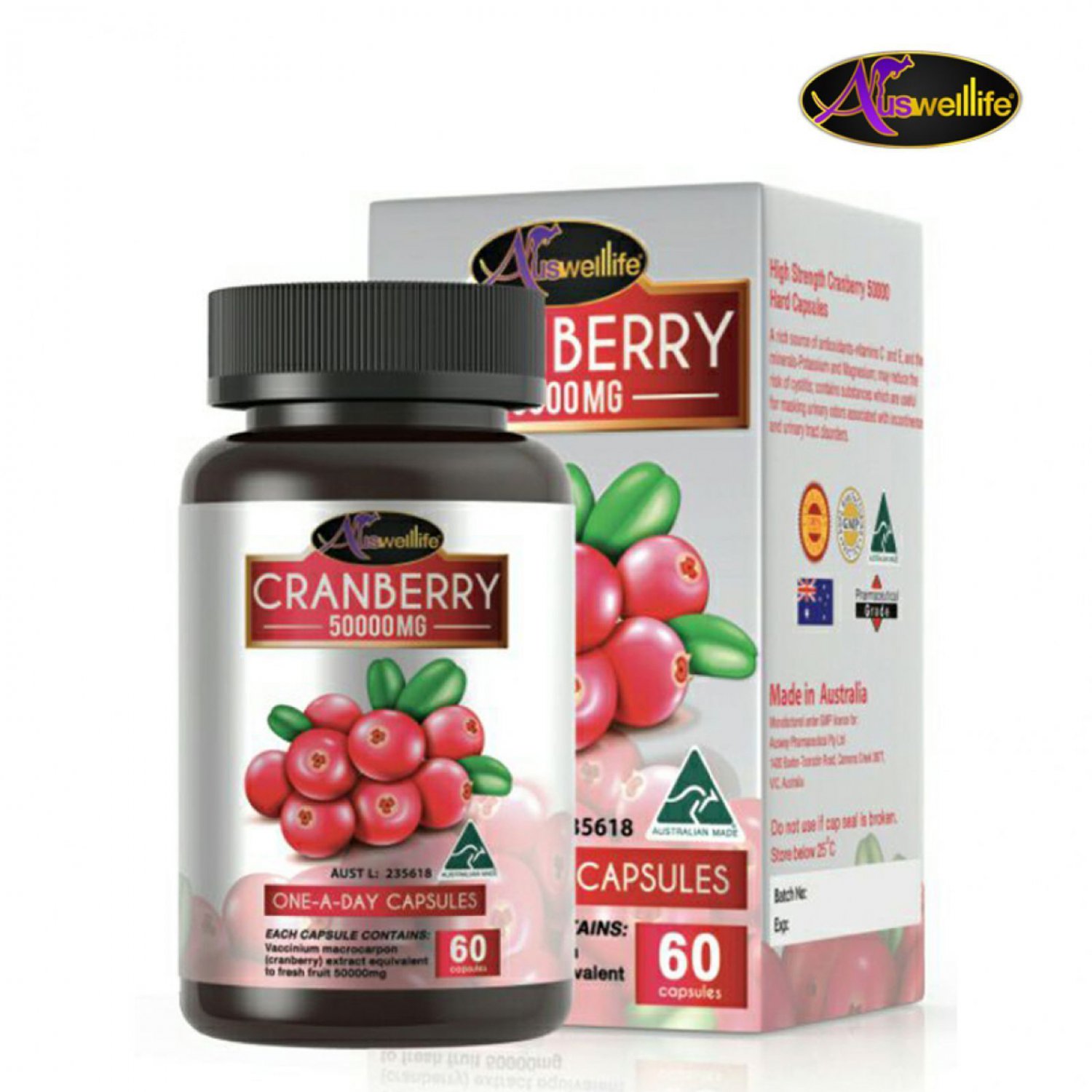 Auswelllife Cranberry Hight Strength 50000mg. Anti-oxidant Skin Care.60 Capsules