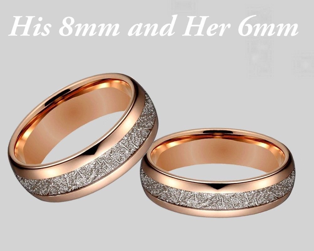 His and Hers Meteorite Rose  Gold  Tungsten Matching  Wedding  