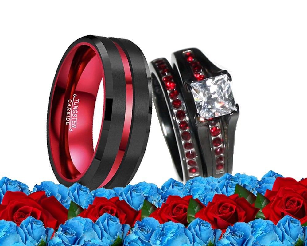 His Tungsten And Her Stainless Steel Red & Black Cz Engagement Wedding