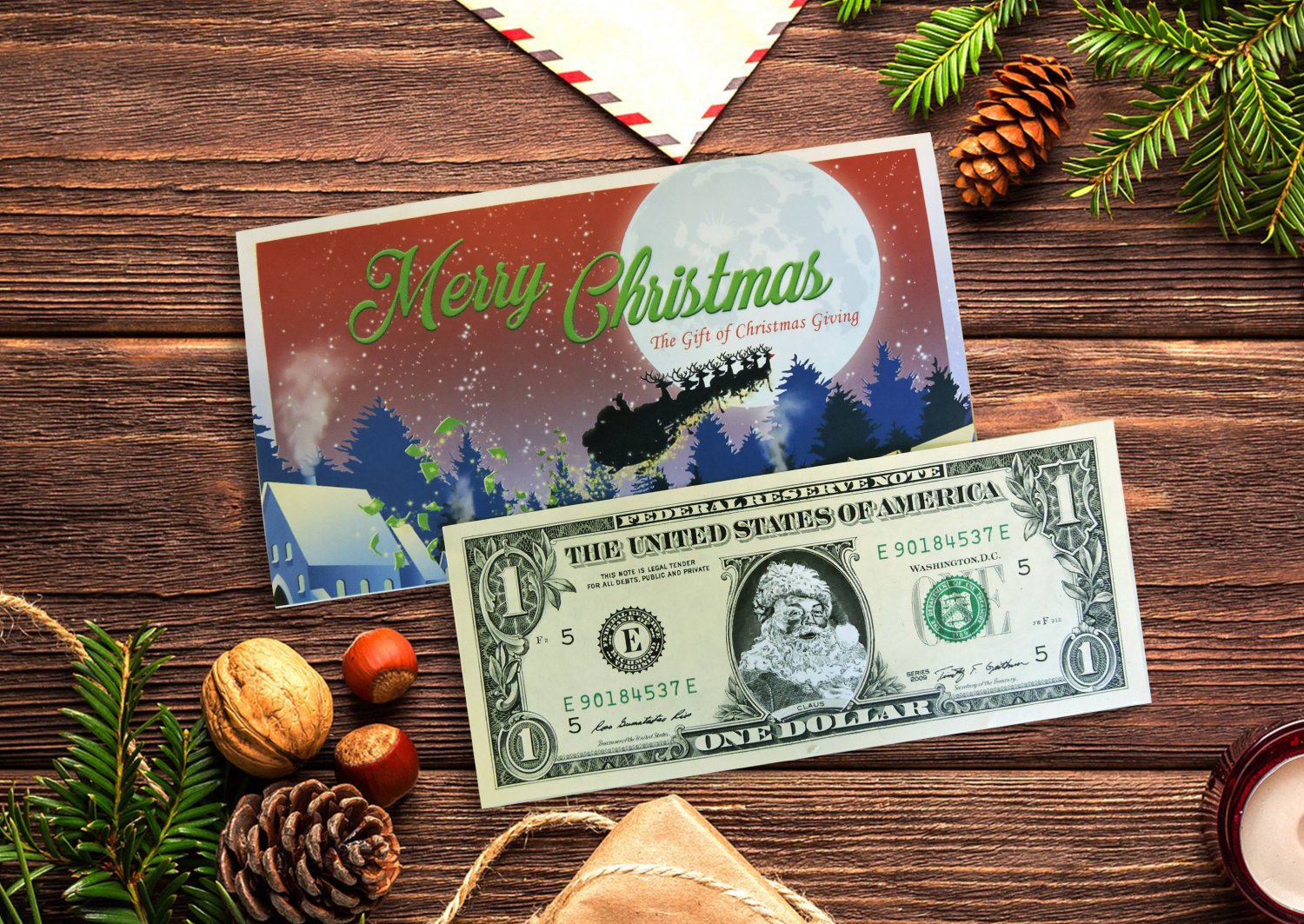 Santa Claus Dollar Bill. Real USD. Bankable & Spendable