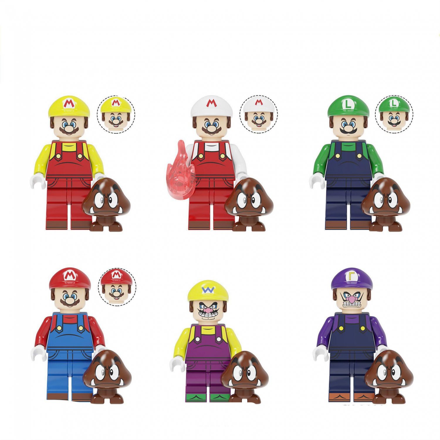 Wario Waluigi Luigi Fireball Mario Bros Minifigures Lego Compatible New