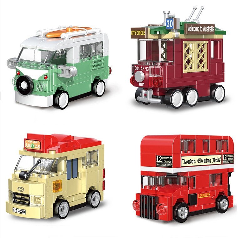 4 mini Public Transportation double-decker bus Building block Toy Lego Compatible City Minifigures