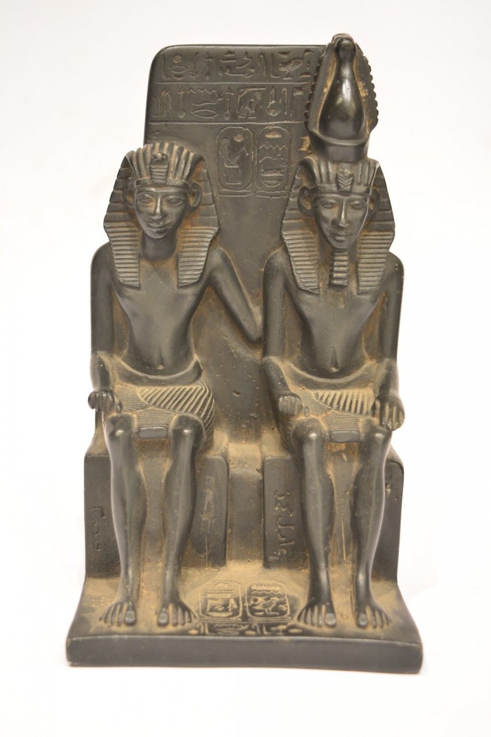 Rare Ancient Basalt Stone Egyptian Pharaoh with Neferetum Statue