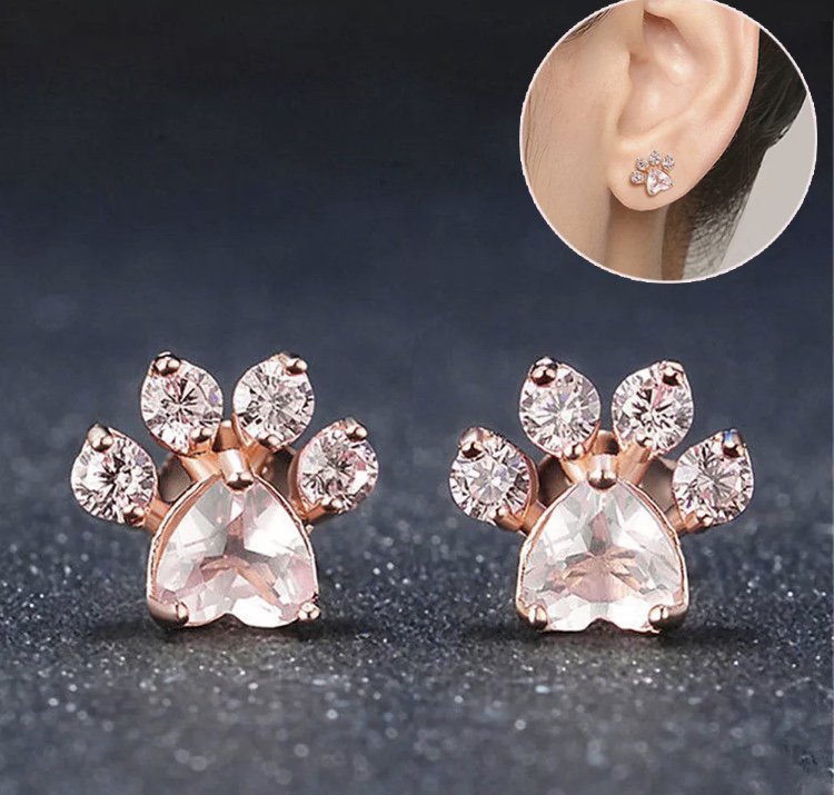 1 Pair Shiny Pink Pet Paws Stud Earrings Fashion Trendy Cat Dog Paw Print Earring Piercing Jewelry