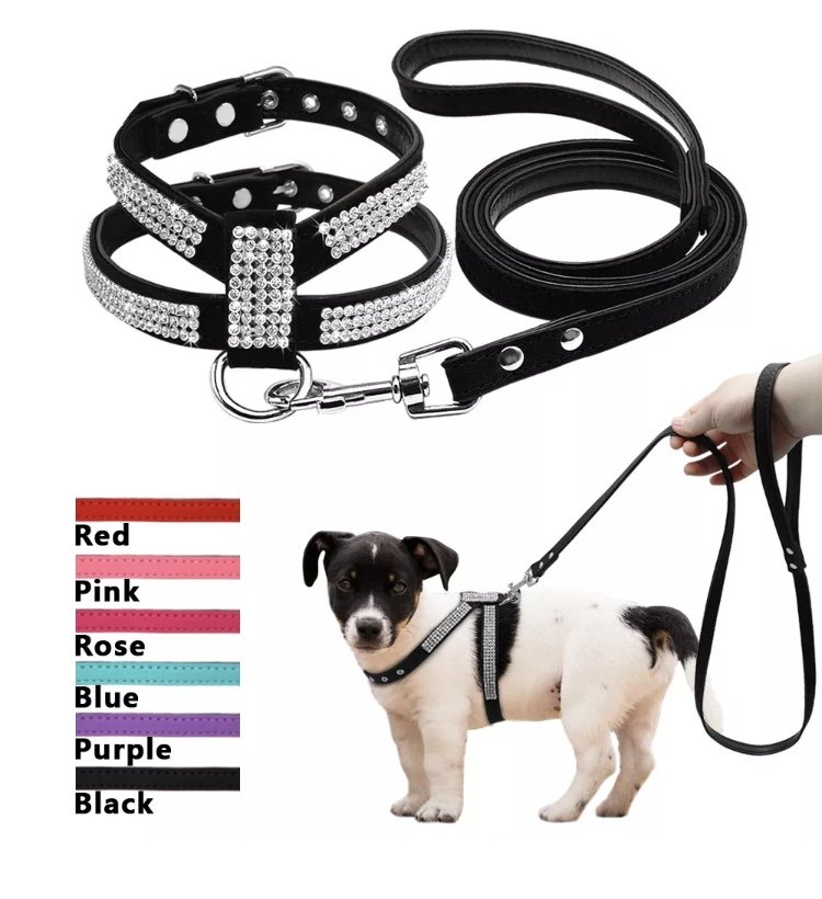Rhinestone Harness Leash Pet Set S-L Suede Leather for Puppy Dog Kitty Cat Pet Supplies