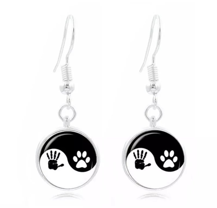 Hand Paw Yin Yang Earrings Dog Pet Symbol Tibet Dome Photo Art Cabochon Long Dangle Fashion Jewelry