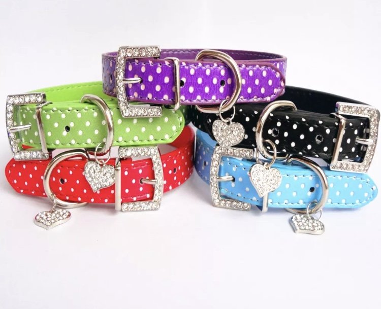 Rhinestone Heart Polka Dot XS-L Collar Adjustable Buckle Neck Strap Pet Puppy Dog Cat